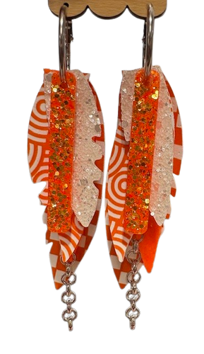 Layered Leather Feather earrings  - Resin, Faux Leather, Chain, Dangle