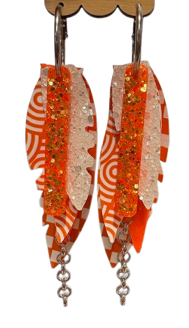 Layered Leather Feather earrings  - Resin, Faux Leather, Chain, Dangle